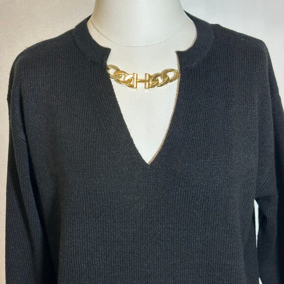 Halston Black Gold Chain Link Keyhole V-Neck Sweater Womens Size Medium M Career - Picture 6 of 10